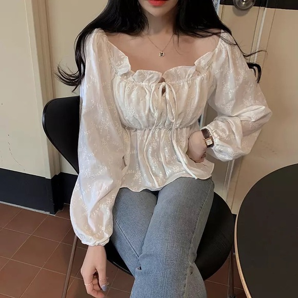 Floral embroidery cropped blouse top off shoulder shirt tie lantern sleeve - Picture 4 of 6